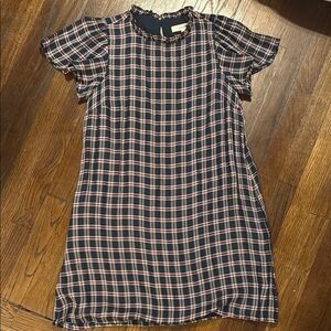 LOFT Women's Navy and Red Plaid Midi Dress